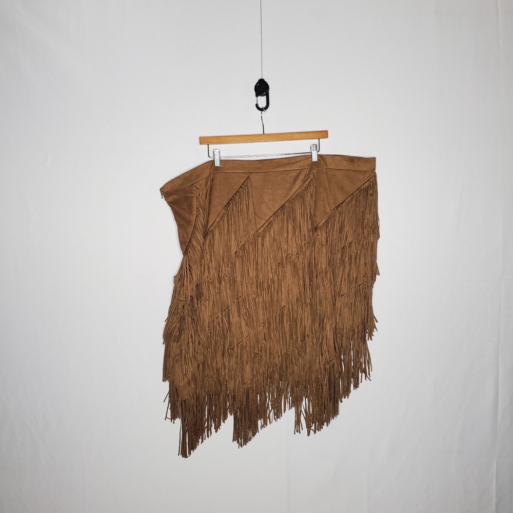 Roamans Vtg Brown Faux Suede Fringe Skirt Plus 26 Asymmetric Western Cowgirl Y2K
